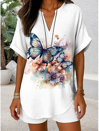  Damen Bluse Grafik Schmetterling Täglich Stilvoll Lässig Kurzarm V Ausschnitt Normale Oberteile Täglich Ferien Schwarz Rote Blau Purpur Sommer Frühling