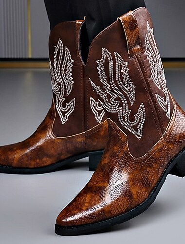  Homens Botas Botas Cowboy Bordado Retro Sapatos de répteis Caminhada Vintage Casual Ao ar livre Diário Pele PU Confortável Antiderrapante Quente Botas Cano Médio Sem Atacadores Amarelo-Castanho