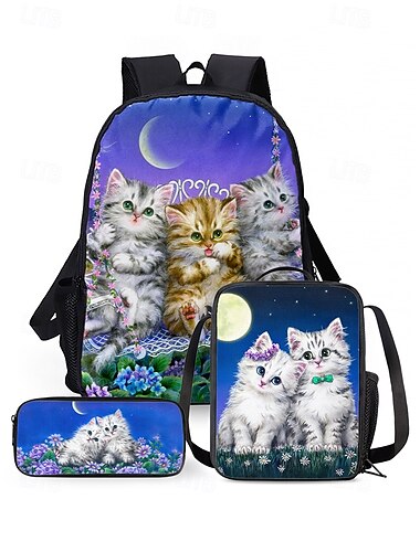  Set di 3 zaini con stampa di gatti e tasche in denim per bambini di Kayomi Harai, con grazioso design a cartoni animati, borsa termica per il pranzo, tracolla regolabile, ideale per la scuola, i viaggi e l'uso quotidiano.