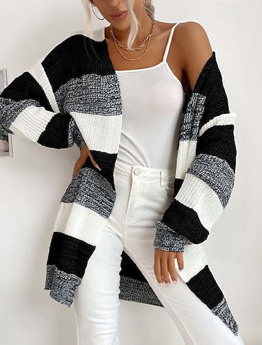  Per donna Felpa Cardigan Moda Streetwear Quotidiano Blocco di colori A Coste Aperto davanti Lavorato a maglia Manica Lunga Top lunghi Maglia Ferie Uscire Weekend Nero Caffè Autunno Inverno