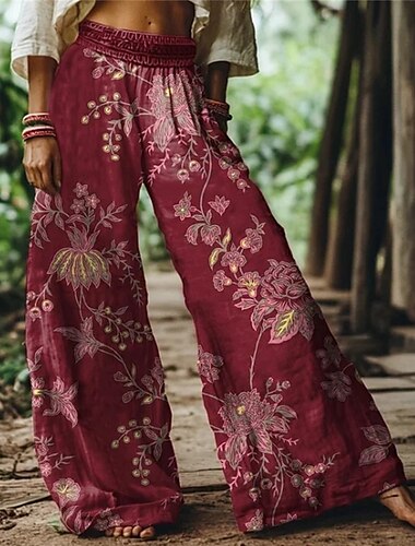  Women's Wide Leg Pants Trousers Palazzo Pants Fashion Boho Full Length High Waist Flower Elastic Waist Print Breathability Comfortable Street Daily Wear Going out Wine Spring Fall Regular Fit