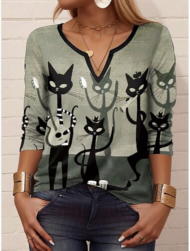  Halloween Per donna Maglietta Grafico Animale Geometrico Vintage Elegante Classico Manica Lunga Scollo a V Collo a V Top Regolari Quotidiano Stampato Rosa Blu Verde Estate Primavera Autunno