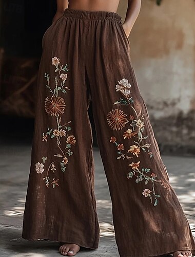  Women's Wide Leg Pants Trousers Palazzo Pants Fashion Boho Full Length High Waist Flower Elastic Waist Print Breathability Comfortable Street Daily Wear Going out dark brown Coffee Spring Fall