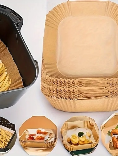  200 stk. engangspapirforing til airfryer, olieabsorberende bagepapirskåle i fødevarekvalitet til madlavning i hjemmet, non-stick silikonebelagte foringer