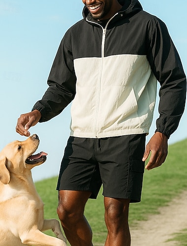  Męskie Dres Bluza z zamkiem Spodnie dresowe Kaptur Kieszeń na zamek Kolorowy blok Zestawy odzież Lato Wiosna Czarny Różowy Wędkarstwo Piesze wycieczki Na zewnątrz Ochrona przed słońcem Lekki