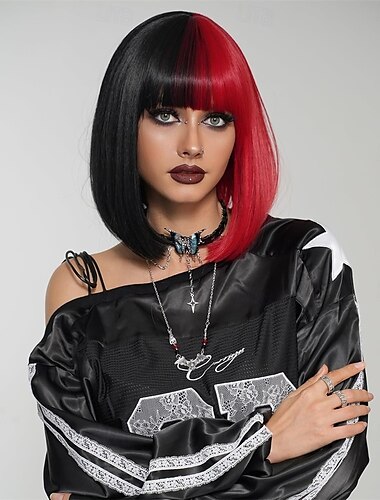  halb rote, halb schwarze Perücken mit Pony, 14 Zoll kurzer, gerader Bob, synthetische, hitzebeständige Perücke für Frauen, Halloween-Cosplay-Party-Perücke, Halloween-Cosplay-Party-Perücken