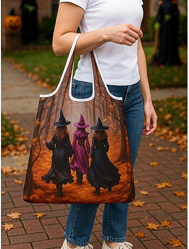  Sac fourre-tout pliable et réutilisable pour femme, motif sorcière, pour Halloween – écologique, léger, idéal pour les vacances, les courses et au quotidien