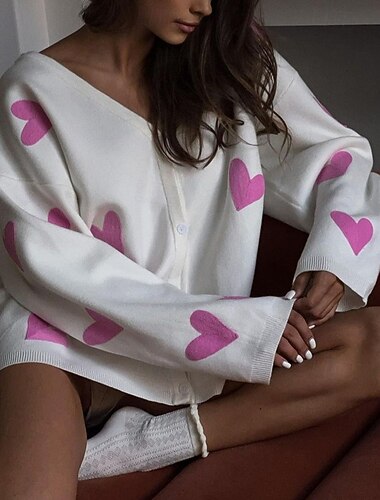  Per donna Felpa Cardigan Moda Streetwear Quotidiano Cuore A Coste Scollo a V Lavorato a maglia Manica Lunga Top Regolari Maglia Ferie Uscire Weekend Rosa Autunno Inverno