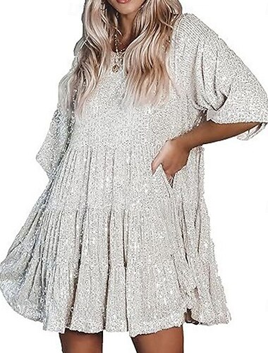  女性用 ミニドレス スパンコールドレス 二次会ドレス / カクテルドレス ファッション 近代の カクテルパーティー 週末 レギュラー 平織り 半袖 クルーネック シルバー ブラック ピンク 夏