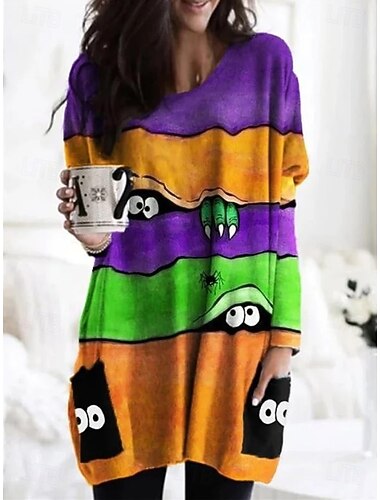  ハロウィン レディース Tシャツ モンスター グラフィック ジオメトリック ファッション ロングスリーブ クルーネック ラウンドネック ロングトップス デイリー 外出用 ウィークエンド ポケットプリント ブラック ホワイト オレンジ 春 秋