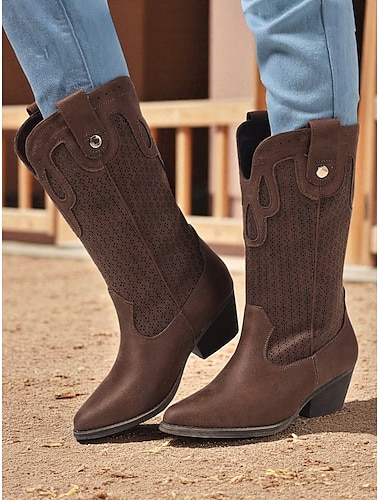  damskie kowbojskie buty w stylu western – brązowe, skórzane buty do połowy łydki na jesienne festiwale, stroje w stylu dyniowym i rustykalnym