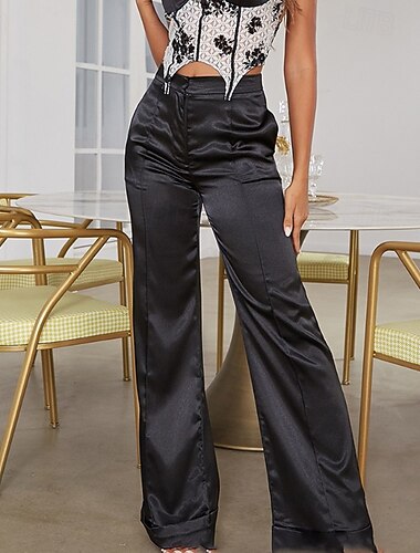  Mujer Perneras anchas pantalones Ropa de calle Casual Longitud total Cintura Media Plano Cintura elástica Cómodo Calle Festivos Ropa Cotidiana Granate Verde oscuro Albaricoque Negro Otoño Ajuste