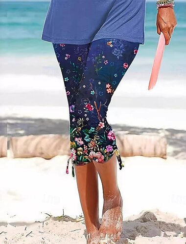 Femmes Slacks Leggings Collants Athlétique Longueur mollet Naturel Fleuri Imprimé Confortable Lifting des fesses Contrôle du ventre Yoga Décontracté Quotidien Bleu Vert Printemps Automne Slim