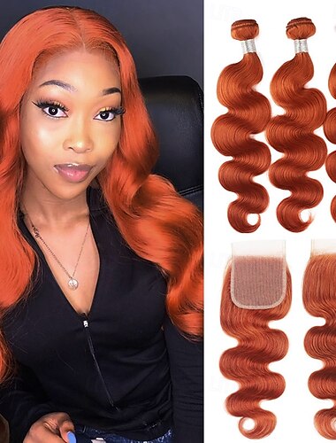  Επεκτάσεις ανθρώπινης τρίχας ginger# body wave 3 σετ με κλείσιμο για μαύρες γυναίκες