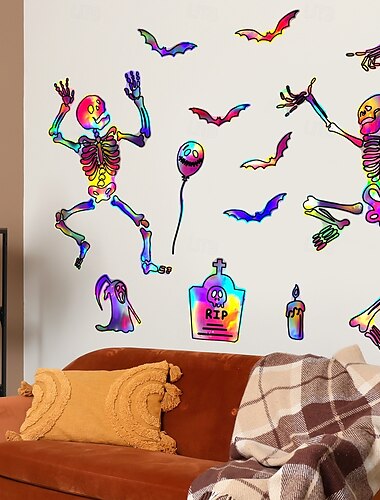  Halloween Holographic Skull Wall Stickers, Iridescent Gradient Decals for Festival Home Room Decor, Removable Halloween Party Wall Decorations