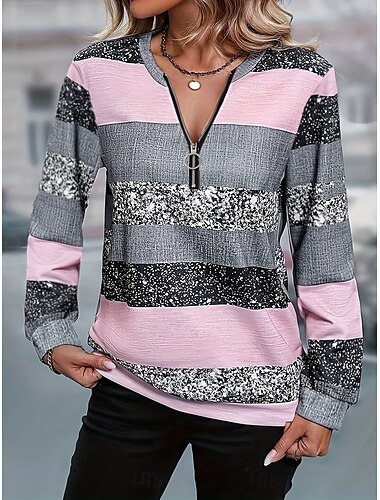  Damskie Bluza z kapturem Bluzy z zamkiem błyskawicznym Graficzny Prążki Moda Codzienny Długi rękaw Półgolf Zwykłe topy Ulica Na co dzień Zamek Nadruk Rumiany róż Jesień Zima