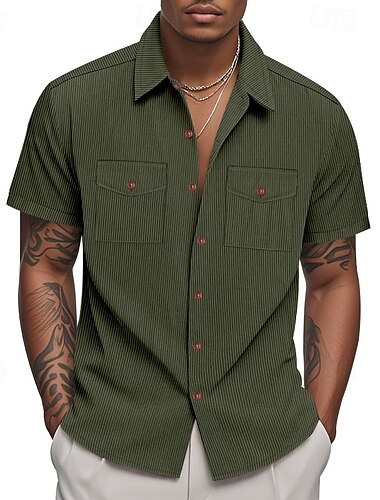  Herre Skjorte Sommerskjorte Uformell skjorte Strandskjorte Kordfløyel skjorte Skjorte med knapper Svart Hvit Gul Navyblå Brun Kortermet عادي Knaphul Feriereise Hawaiisk Lomme Klær Polyester Mote