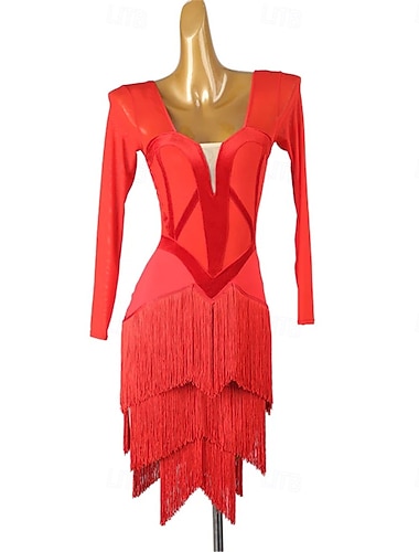  Lateinamerikanischer Tanz Kleid Spleißen Damen Leistung Training Party Langarm Hoch Nylon