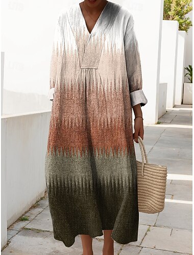  Abito Midi da Donna V Collo Maniche Lunghe Kaftan Leggero Comodo A Line Abito Casual Quotidiano Comodo Fit Grafica Geometrica Maniche Lunghe V Collo Blu Viola Marrone Verde Autunno