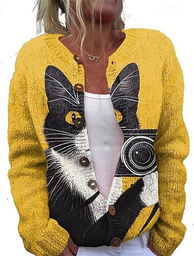  Dam Tröja Kofta Mode Streetwear Dagligen Djur Ribbad Öppen front Stickat Mönster Långärmad Långa toppar Sticka Helgdag Utekväll Helgen Gul Kaki Höst Vinter