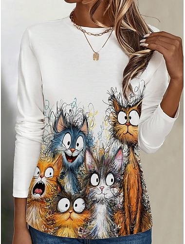  Γυναικείο T shirt Μπλούζα Crew Neck Μακρύ Μανίκι Τουνίκ Γραφικό Ζώο Γάτα Καθημερινό Κανονικά Τοπ Σαββατοκύριακου Λευκό Φθινόπωρο