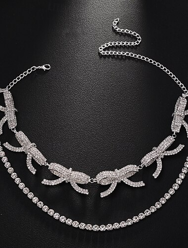  Gargantilhas Zircão Strass Mulheres Moda Artistíco Luxo Dupla Camada Com Laço Casamento Formato Circular Colar Para Casamento Festa Diário