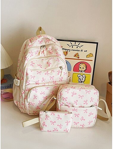  Teen Girls 3-Piece School Backpack Set – Lightweight Canvas Bookbag with Cute Pink Bow Print, Large Capacity Shoulder Bag and Pencil Pouch, Perfect for School, Travel and Daily Use