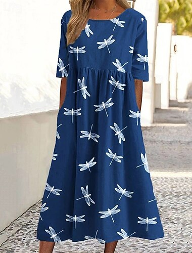  Dame Midikjole Uformell kjole Sommerkjole Mote Moderne Daglig Strand Helg Normal Dyr Blomsternål i krystall Halvlange ermer Crew-hals Lys Lilla Mørkeblå Vår Høst