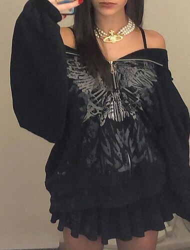  Damen Kapuzenpullover Blumen Mode Streetwear Langarm Mit Kapuze Normale Oberteile Straße Ausgehen Reißverschluss Druck Schwarz Herbst Winter