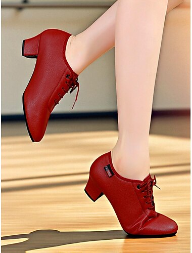  Γυναικεία επαγγελματικά παπούτσια χορού - μπορντό τακούνια εξάσκησης με κορδόνια, άνετο τακούνι και απαλό δερμάτινο φινίρισμα, ιδανικά για εκπαίδευση ballroom, λάτιν και τζαζ χορών.