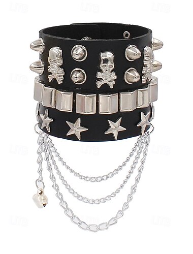  Pulsera unisex de piel sintética con tachuelas y calavera punk de Halloween, con cadenas. Pulsera gótica ajustable para fiestas de disfraces, cosplay y conciertos de rock.
