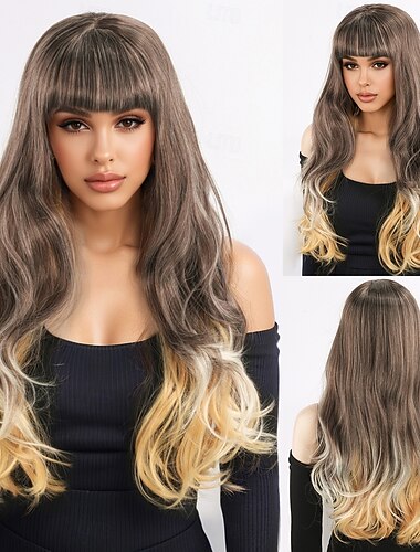  Lang brun og blond parykk for kvinner – full pannelugg, bølgete store krøller, moteriktig syntetisk parykk, perfekt for trendy utseende og hverdagsstil
