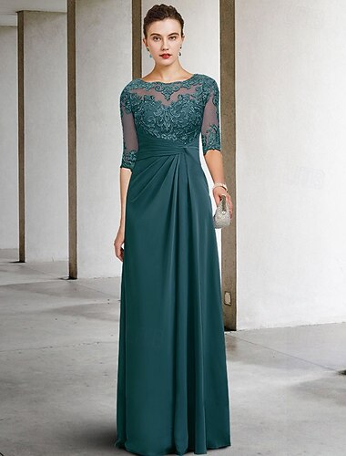  Vestido sheath para la madre de la novia invitada de boda elegante talla grande cuello joya largo hasta el suelo chiffon encaje manga corta con aplicaciones drapeado lateral talla personalizada