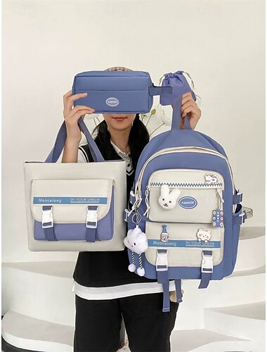  4-Piece Girls’ School Backpack Set with Tote Bag, Pencil Case & Drawstring Pouch – Cute Kawaii Style Bookbag for Teen Students