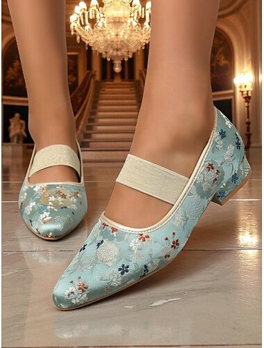 Ballerines Mary Jane en jacquard bleu clair pour femmes - Chaussures de marche confortables d'inspiration rococo avec broderie florale et bride élastique, style conte de fées médiéval pour les