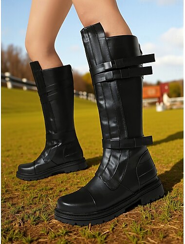  Bottes d'équitation marron pour femmes, montantes jusqu'aux genoux – style combat équestre à boucle en similicuir pour les aventures en plein air d'automne et le cosplay d'inspiration médiévale