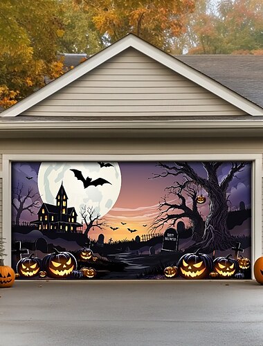  Κάλυμμα Εξωτερικής Γκαραζόπορτας Halloween Τρόμος στοιχειωμένου σπιτιού Κρανία Πανό Μεγάλη Ταπισερί Φόντο Διακόσμηση για Γιορτές Εξωτερικής Γκαραζόπορτας Διακοσμήσεις Τοίχου Σπιτιού