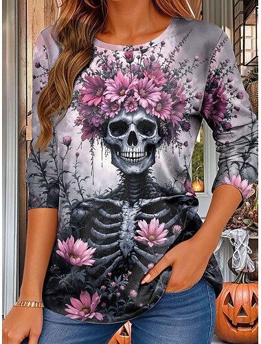  Halloween Dámské Tričko Květinový Grafika Lebky Vinobraní Módní stylové Dlouhý rukáv Tričkový Běžné topy Denní Tisk Světlá růžová Fialová Oranžová Trávová zelená Léto Jaro Podzim
