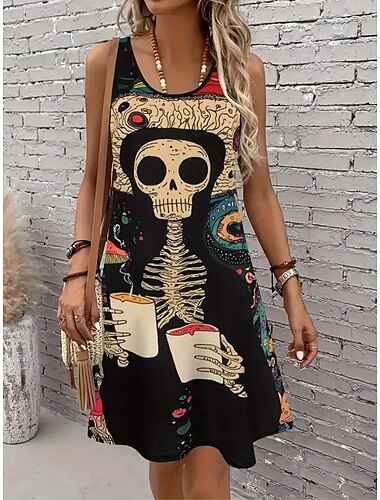  Ostern Damen Mini Kleid A-Linie Kleid Sommerkleid Off-Shoulder Kleid Urlaub Freizeit Alltag Lockerer Schnitt Blumengrafik Ärmellos U-Ausschnitt Weiß Sommer Frühling