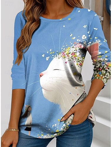  Camiseta Feminina de Gola Redonda de Manga Longa Túnica Gráfica Gato Vintage Estilosa Clássica Top Regular Impressão Diária de Fim de Semana Rosa Azul Roxo Verde Primavera Outono