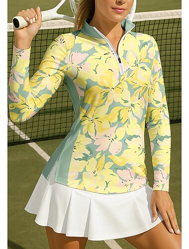  Damen Blumenmuster Sporthemd Golf-Poloshirt Tennis Shirt Tennistop Langarm Reißverschluss Blumen UPF50+ UV-beständig Hohe Elastizität Feuchtigkeitsableitend Atmungsaktiv Tennis Golfspiel Pickleball