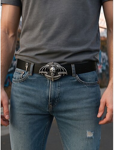  cinto masculino de couro sintético com fivela de caveira de metal pesado – estilo punk gótico, cintura ajustável, perfeito para fantasias de Halloween, shows e festas de rock