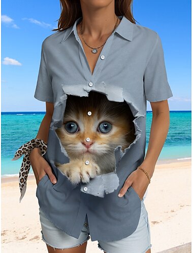  Damen Hemd Grafik Tiermotiv Katze Vintage Tropisch Täglich Ärmellos Kurzarm Hemdkragen Normale Oberteile Täglich Schwarz und Weiß Schwarz Weiß Staubiges Blau Grün Sommer Frühling