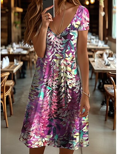  Dames Halflange jurk Casual jurk T shirt jurk Zonnejurk A lijn jurk Vakantie Casual Strandstijl Strand Normale pasvorm Bloemig Grafisch Blad Korte mouw V-hals Geel Blozend Roze blauw Paars Zomer Lente