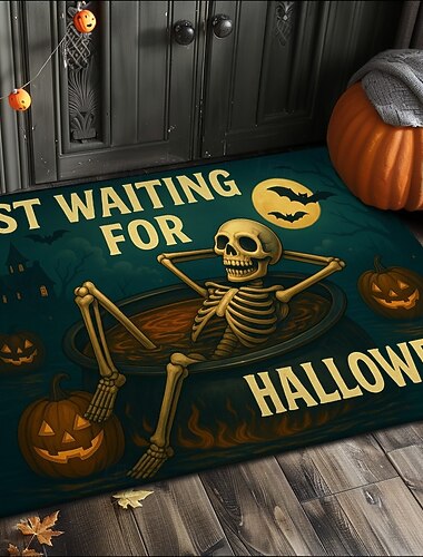  Χαλί κουζίνας εσωτερικού χώρου για το Halloween, αστείο σκελετό που περιμένει το Halloween, αντιολισθητικό χαλάκι μπροστινής πόρτας για βεράντα, είσοδο, αίθριο, υπνοδωμάτιο, μπάνιο και διακόσμηση σπιτιού για το Halloween του 2025