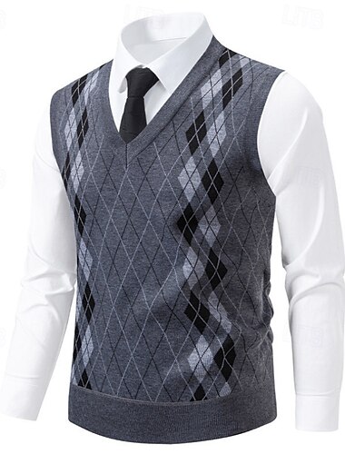  Homme Pull Pull Gilet Côtelé Tricoter Hauts Réguliers Tricoté Coupe ajustée Argyle Col en V Tricots Contemporain Formel Occasionnel Vêtement Tenue Automne Bleu Gris Claire L XL 2XL