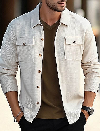  Per uomo Giacca Leggera Giacca a nido d'ape Giacca Camicia Giacca Casual Vacanza Quotidiano Traspirante Tasca Primavera Autunno Semplice Moda Classico Bavero Regolare Nero Bianco Vino Verde scuro
