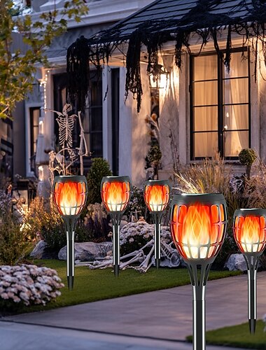  6 τεμάχια Halloween χριστουγεννιάτικο εξωτερικό ηλιακό αδιάβροχο φλόγα που αναβοσβήνει ρίγα φως plug-in 12 χάντρες led αυλή κήπος βεράντα γκαζόν μονοπάτι κάμπινγκ πάρτι ατμόσφαιρα διακόσμηση φως