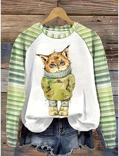  Damen Pullover Sweatshirt Grafik Tiermotiv Mode Lässig Langarm Rundhalsausschnitt Normale Oberteile Straße Alltagskleidung Druck Blau Grün Beige Herbst Winter