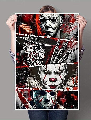  1 poster da parete in tela con personaggio horror, senza cornice, pronto da appendere, tessuto resistente all'acqua, stile classico con dettagli glitterati, per bagno, camera da letto, ufficio,